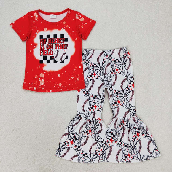 My Heart is on that field Baseball Red Girls Short Sleeve+Trousers Sets