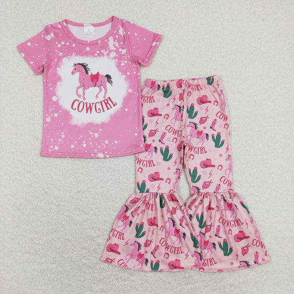 Cowgirl Horse Pink Girls Short Sleeve+Trousers Sets