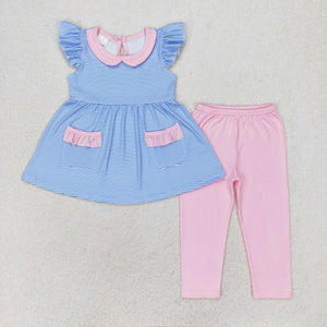 Pink Doll Collar Blue Stripe Pockets Girls Short Sleeve+Trousers Sets