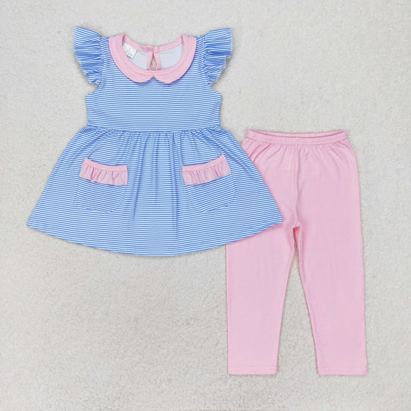 Pink Doll Collar Blue Stripe Pockets Girls Short Sleeve+Trousers Sets