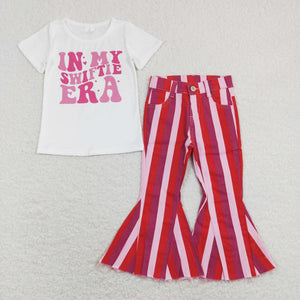 In My Era Singer Pink Red Stripe Denim Girls Short Sleeve+Trousers Sets