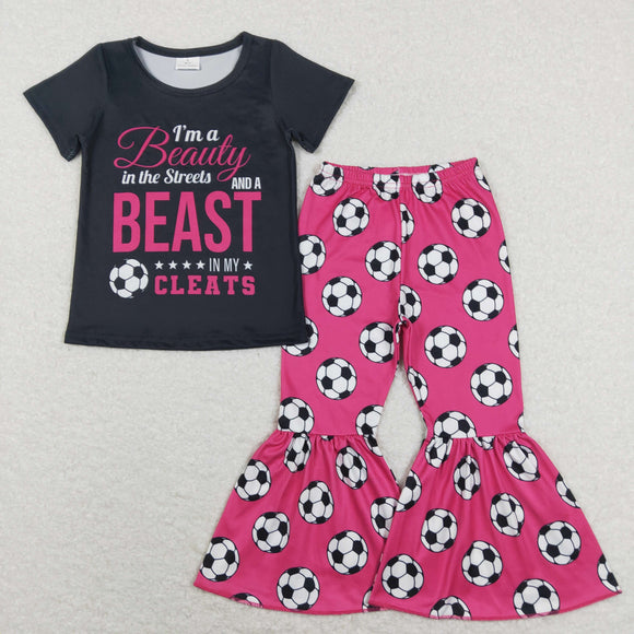 Beast Letters Soccer Hot Pink Girls Short Sleeve+Trousers Sets