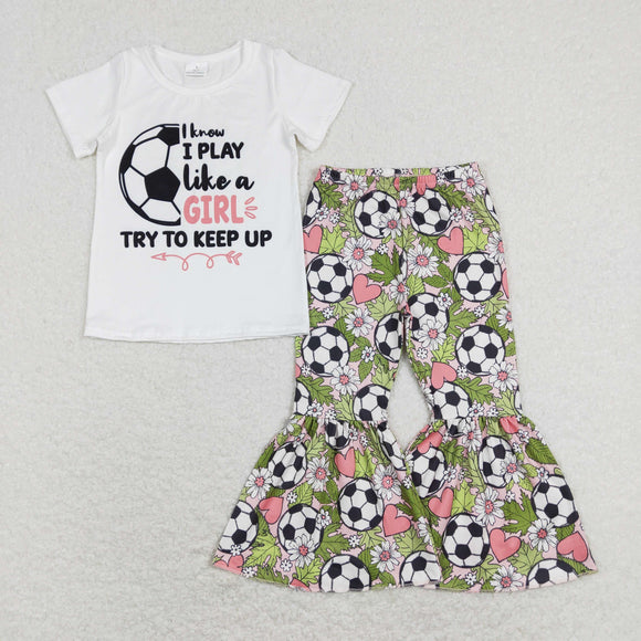 Letters Soccer Floral Girls Short Sleeve+Trousers Sets