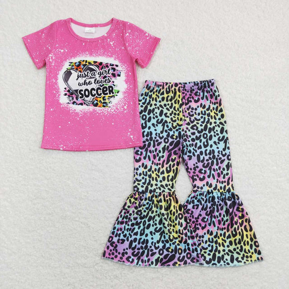 Soccer Leopard Print Hot Pink Girls Short Sleeve+Trousers Sets