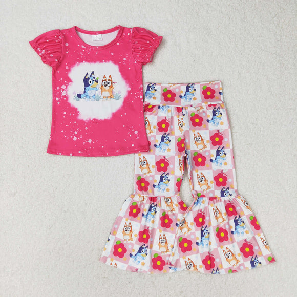 Cartoon Dogs Floral Plaid Girls Short Sleeve+Trousers Sets