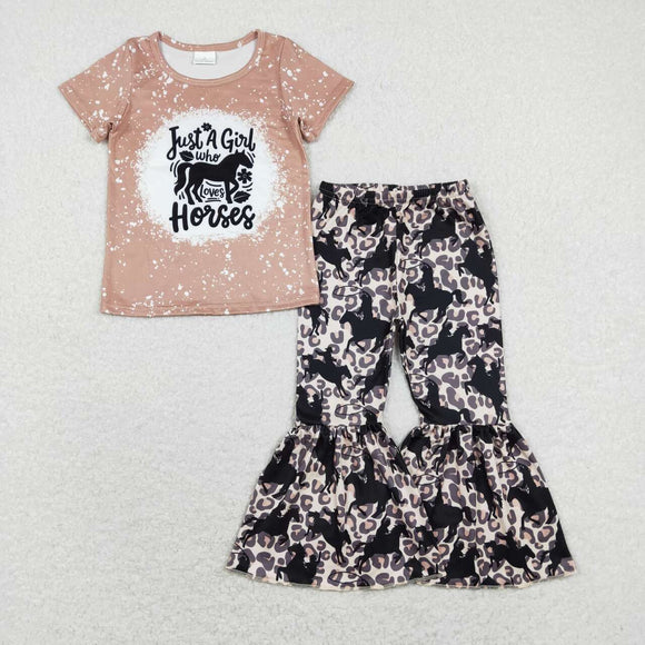 Love Horses Leopard Print Girls Short Sleeve+Trousers Sets