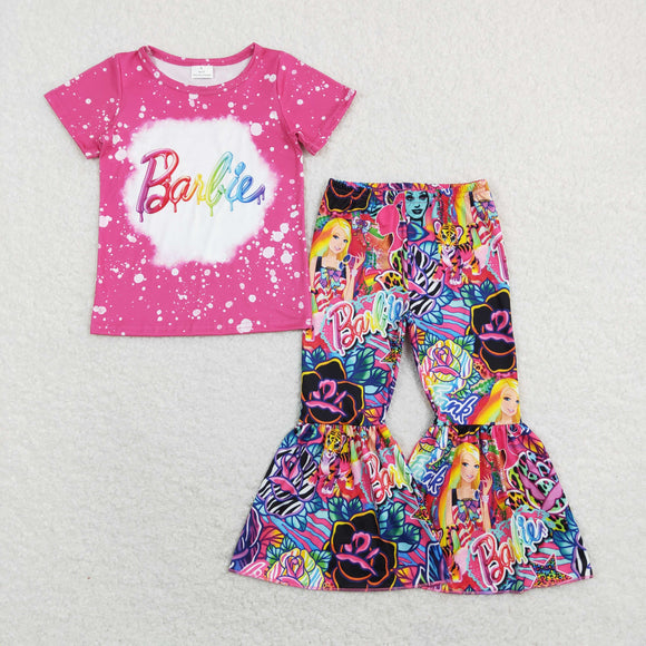 Cartoon Dolls Hot Pink Girls Short Sleeve+Trousers Sets