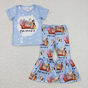 Cartoon Dogs Friends Blue Girls Short Sleeve+Trousers Sets