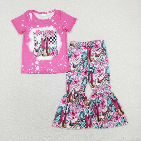 Boujee Cowgirl Boots Hot Pink Girls Short Sleeve+Trousers Sets