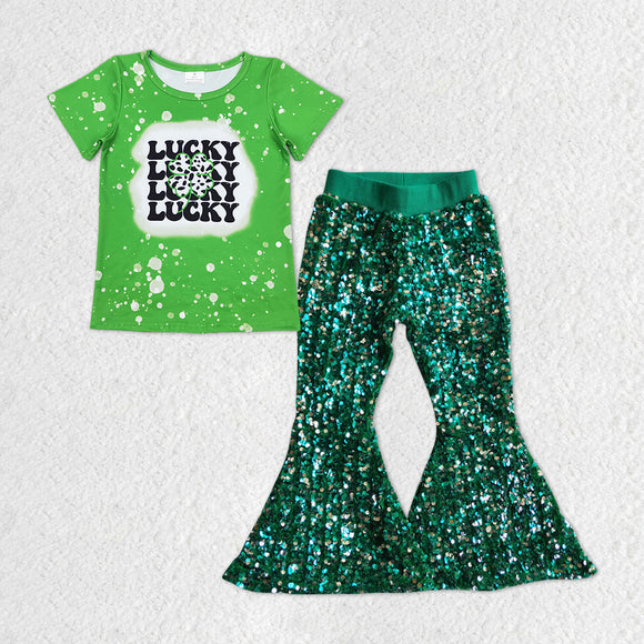 Lucky Clover Green Sequins Girls St. Patrick's Day Outfits