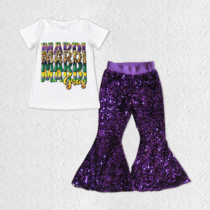 Letters Purple Sequins Girls Mardi Gras Outfits