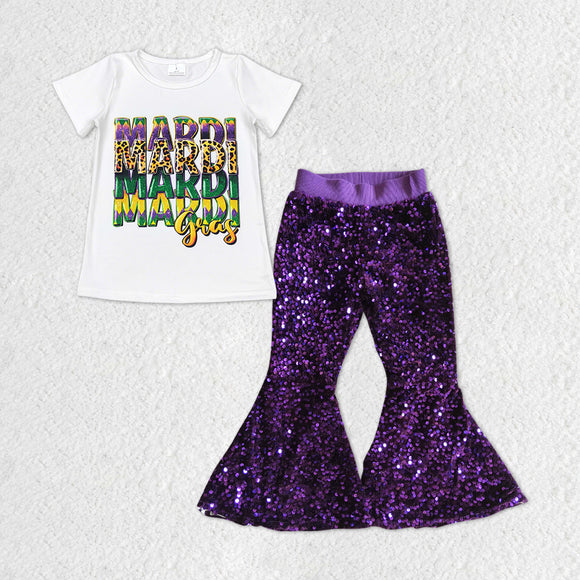 Letters Purple Sequins Girls Mardi Gras Outfits