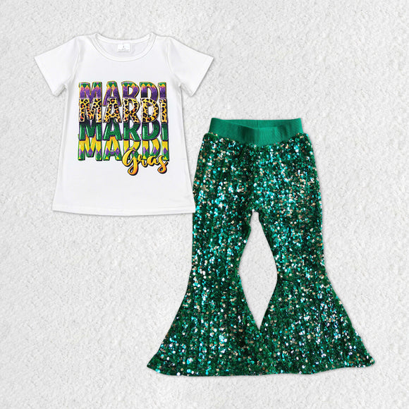 Letters Green Sequins Girls Mardi Gras Outfits