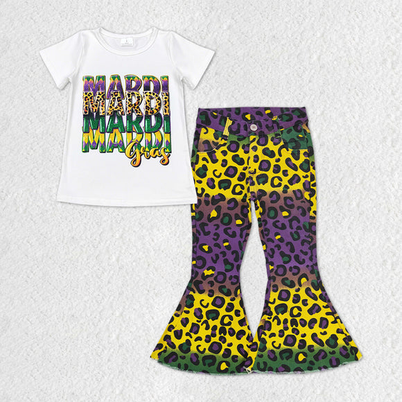Letters Leopard Print Yellow Purple Green Denim Girls Mardi Gras Outfits