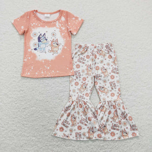 Little Sister Cartoon Dogs Orange Girls Short Sleeve+Trousers Sets