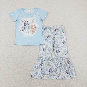 Big Sister Cartoon Dogs Blue Girls Short Sleeve+Trousers Sets