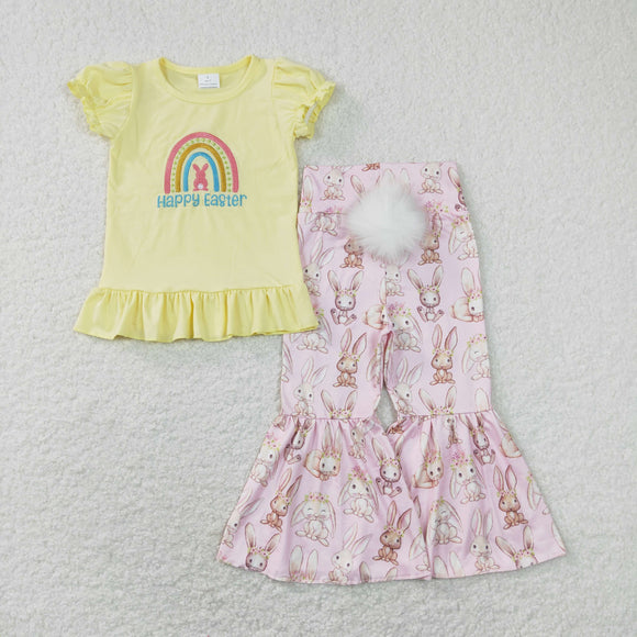 Rainbow Yellow Bunny Pink Girls Easter Outfits