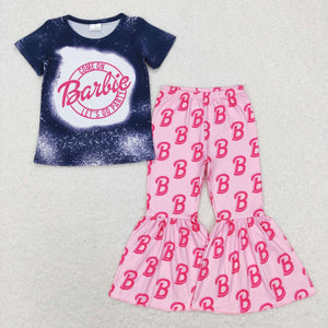 Cartoon Dolls Navy Pink Girls Short Sleeve+Trousers Sets