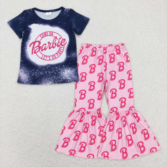 Cartoon Dolls Navy Pink Girls Short Sleeve+Trousers Sets