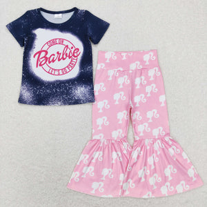 Cartoon Dolls Navy Light Pink Girls Short Sleeve+Trousers Sets