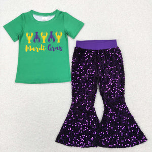 Crawfish Letters Green Purple Sequins Girls Mardi Gras Outfits