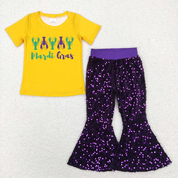 Crawfish Letters Yellow Purple Sequins Girls Mardi Gras Outfits