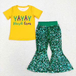 Crawfish Letters Yellow Green Sequins Girls Mardi Gras Outfits