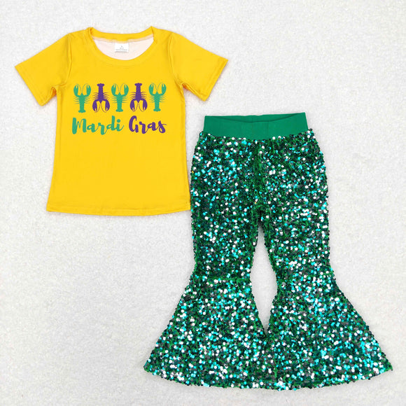 Crawfish Letters Yellow Green Sequins Girls Mardi Gras Outfits