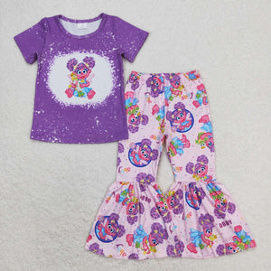 Cartoon Purple Girls Short Sleeve+Trousers Sets