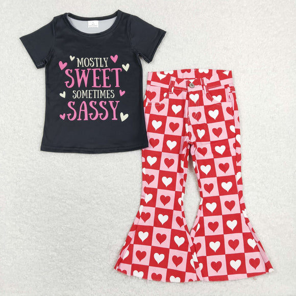 Mostly Sweet Sometimes Sassy Plaid Denim Girls Valentines Outfits