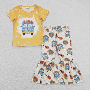 Floral Bus Yellow Plaid Girls Short Sleeve+Trousers Sets