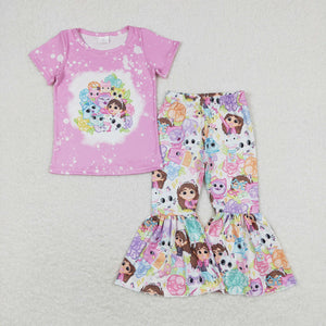 Cartoon Cat Pink Girls Short Sleeve+Trousers Sets