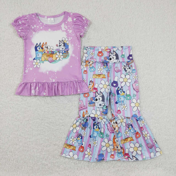 Cartoon Dogs Floral Purple Girls Short Sleeve+Trousers Sets