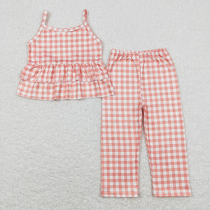 Orange Pink Plaid Ruffles Girls Short Sleeve+Trousers Sets