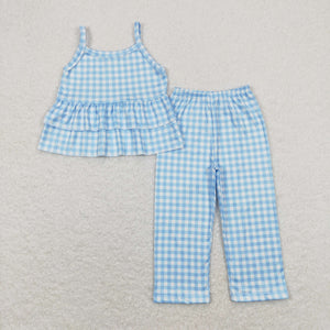 Blue Plaid Ruffles Girls Short Sleeve+Trousers Sets