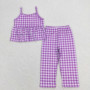 Purple Plaid Ruffles Girls Short Sleeve+Trousers Sets