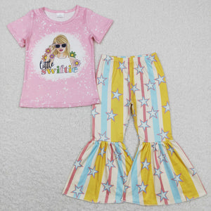 Little Singer Stars Stripe Pink Girls Short Sleeve+Trousers Sets