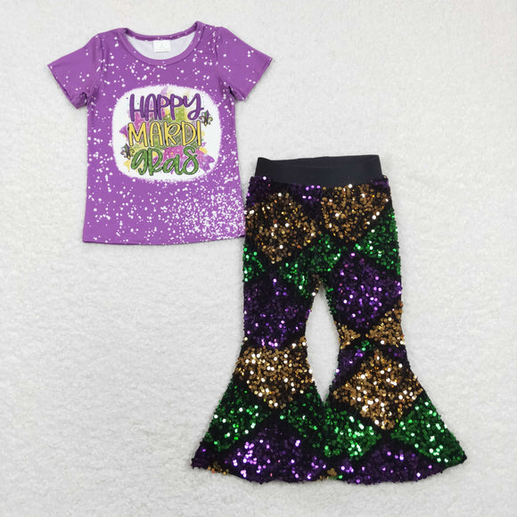 Happy Purple Green Gold Sequins Girls Mardi Gras Outfits