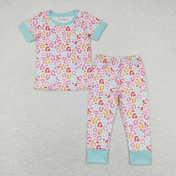 Colorful Leopard Print Girls Short Sleeve Pajamas