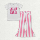 In My Era Singer Pink Stripe Denim Girls Short Sleeve+Trousers Sets