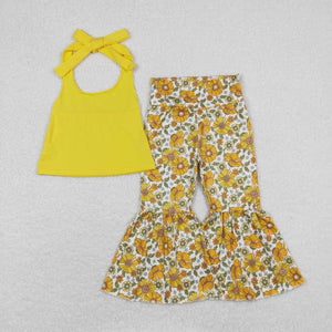 Solid Yellow Floral Girls Short Sleeve+Trousers Sets