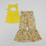 Solid Yellow Floral Girls Short Sleeve+Trousers Sets