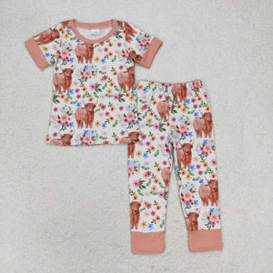 Cow Floral Beige Girls Short Sleeve Pajamas