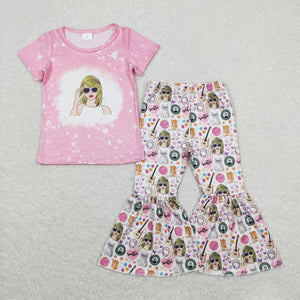 Singer Butterfly Pink Girls Short Sleeve+Trousers Sets