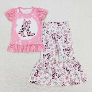 Bow Boots Floral Pink Girls Short Sleeve+Trousers Sets