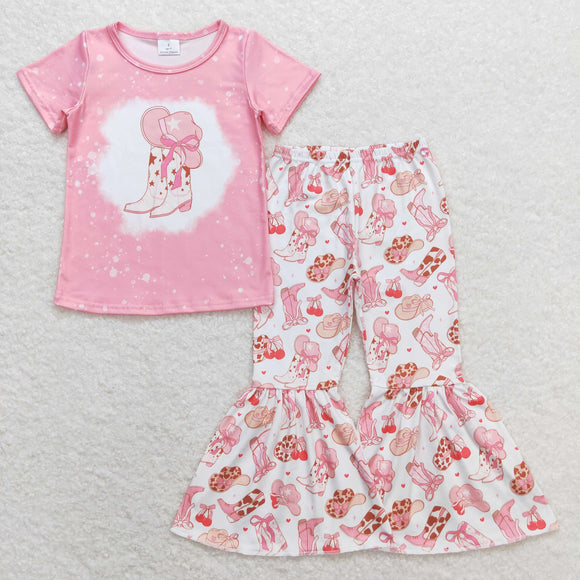 Hat Boots Cherry Pink Girls Short Sleeve+Trousers Sets