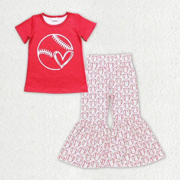 Baseball Red White Girls Short Sleeve+Trousers Sets