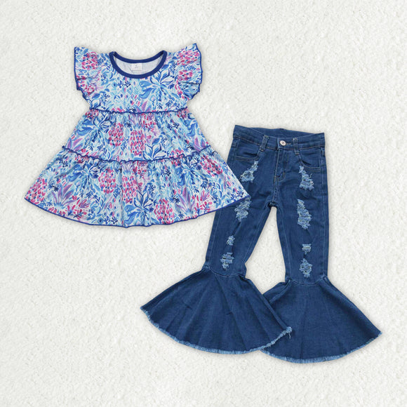 Floral Blue Denim Girls Short Sleeve+Trousers Sets