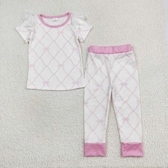 Bamboo Bow Pattern Lace Ruffles Girls Short Sleeve Pajamas