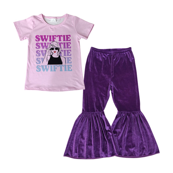 Swiftie Singer Purple Velvet Girls Short Sleeve+Trousers Sets